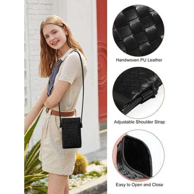 TSV Woven Small Crossbody Bag, PU Leather Cell Phone Bag with Adjustable Strap, Black